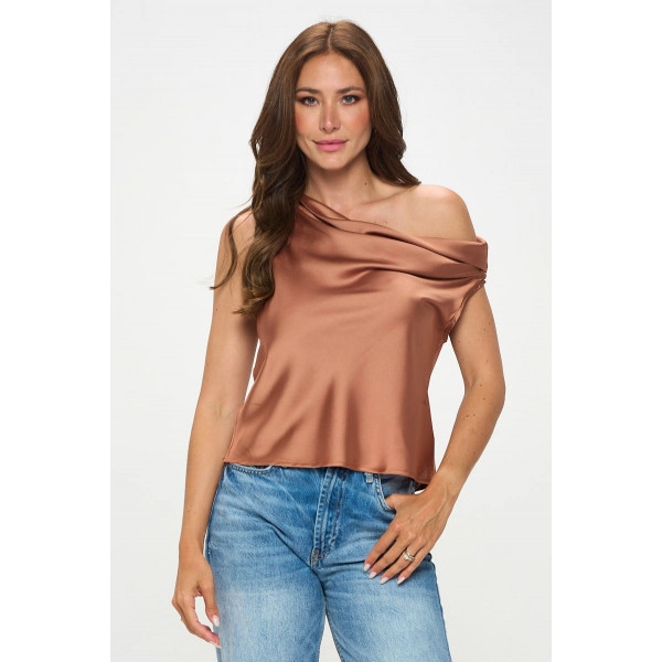 Gleam Shoulder Long Sleeve Satin Top